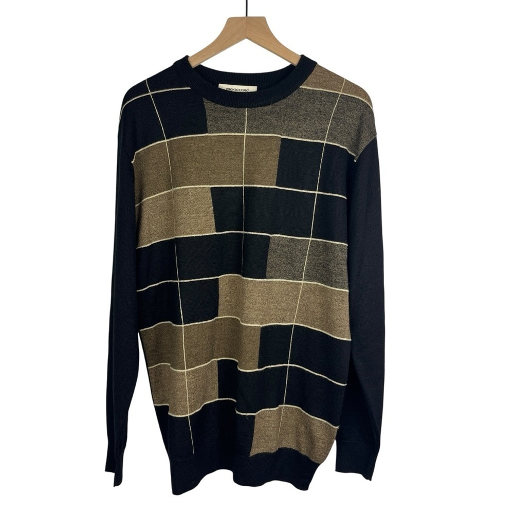 PRONTO UOMO Men's Wool Blend Graphic Sweater Pullover Crewneck Black Brown L 90s